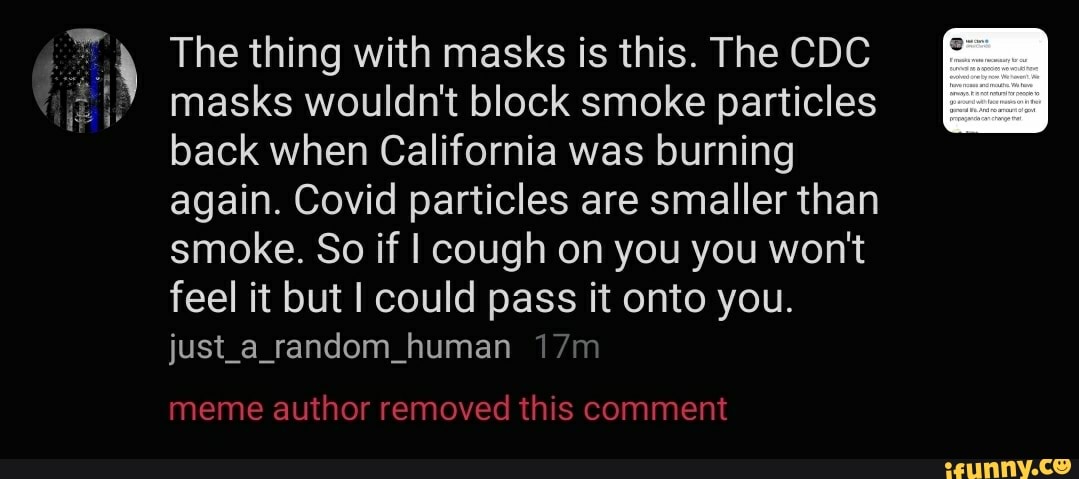The Thing With Masks Is This The Cdc Masks Wouldn T Block Smoke Particles Back When California Was Burning Again Covid Particles Are Smaller Than Smoke So If I Cough On You You