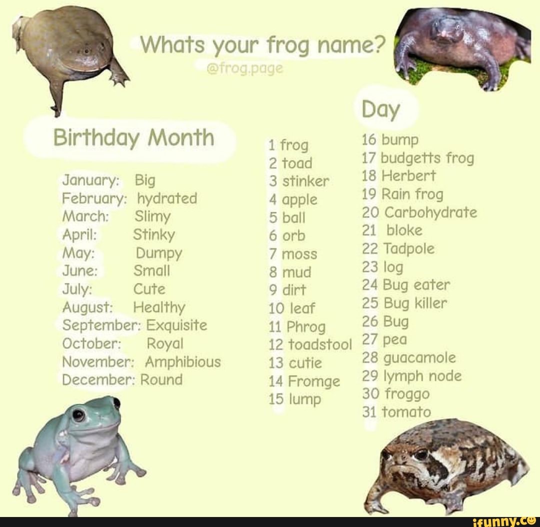 Whats your frog name? Birthday Month January: Big February: hydrated March:  Slimy April: Stinky May: Dumpy