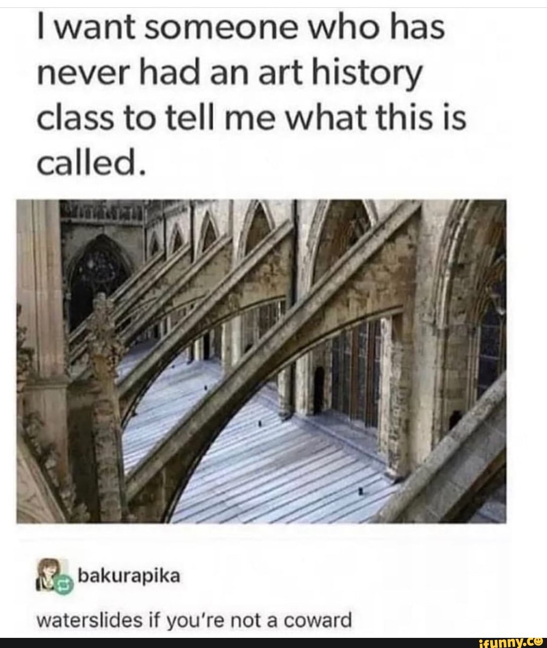 I want someone who has
never had an art history
class to tell me what this is
called.
A, bakurapika
waterslides if you're not a coward