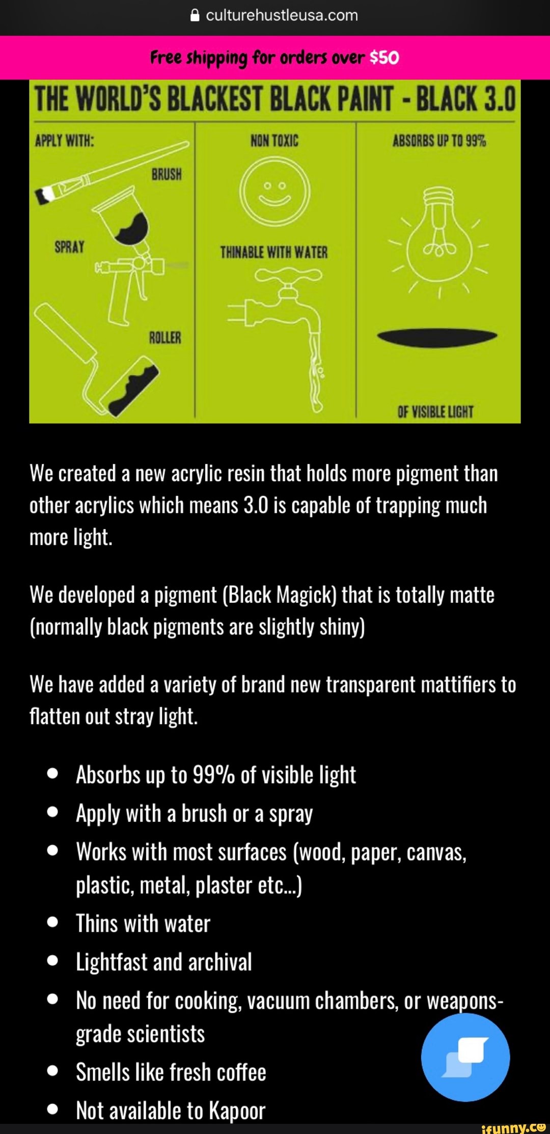 Free shipping for orders over THE WORLD'S BLACKEST BLACK PAINT BLACK 3.