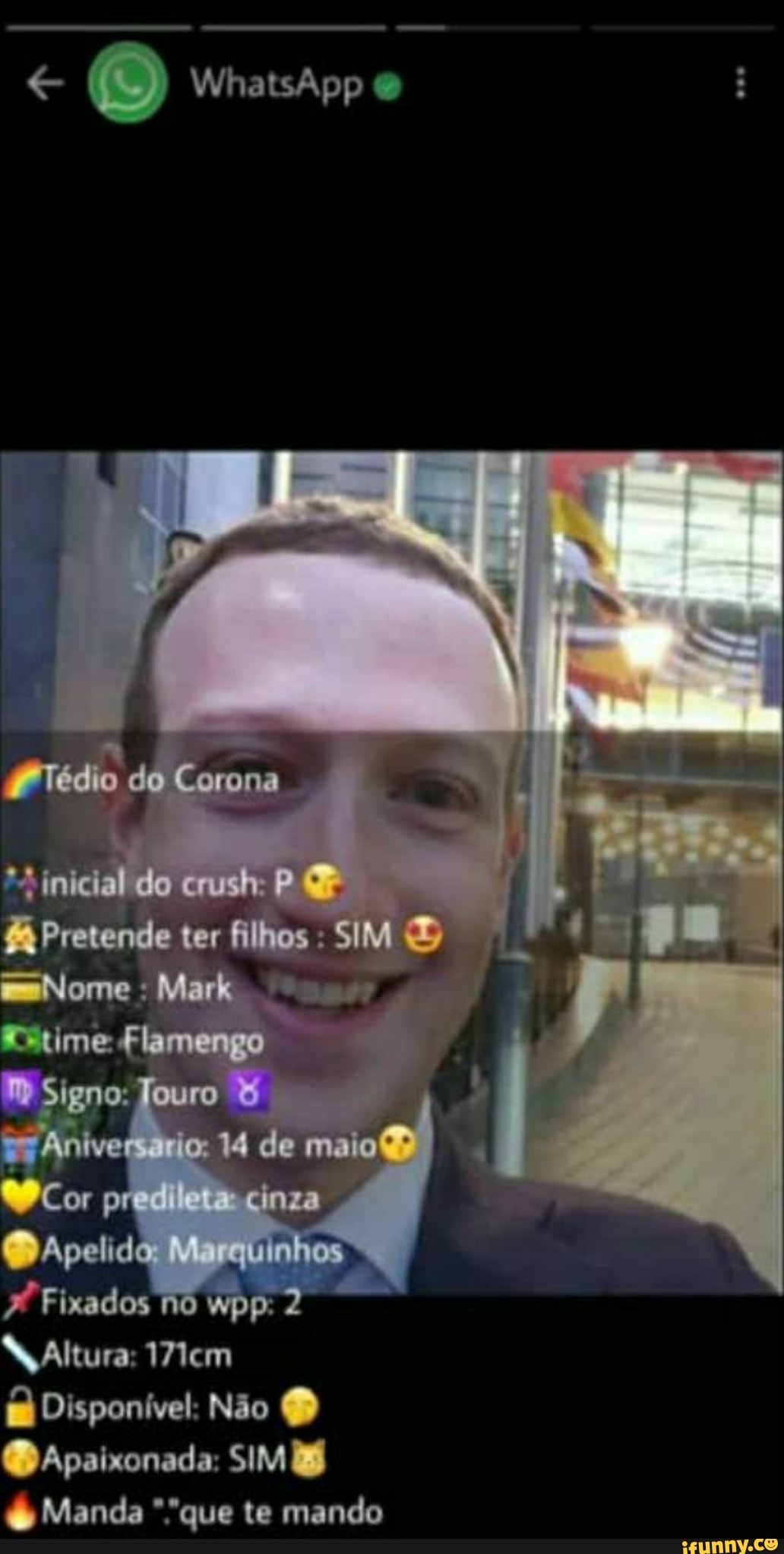 ONPreen er os
Nome time. Fen o
Signo oTddome
Cor
(Apelido da, o Marquinhe
Fixados no wpp 2
Wltura: 17lem
Disponível: Não
Apaixonada: SIM Manda "que te mando