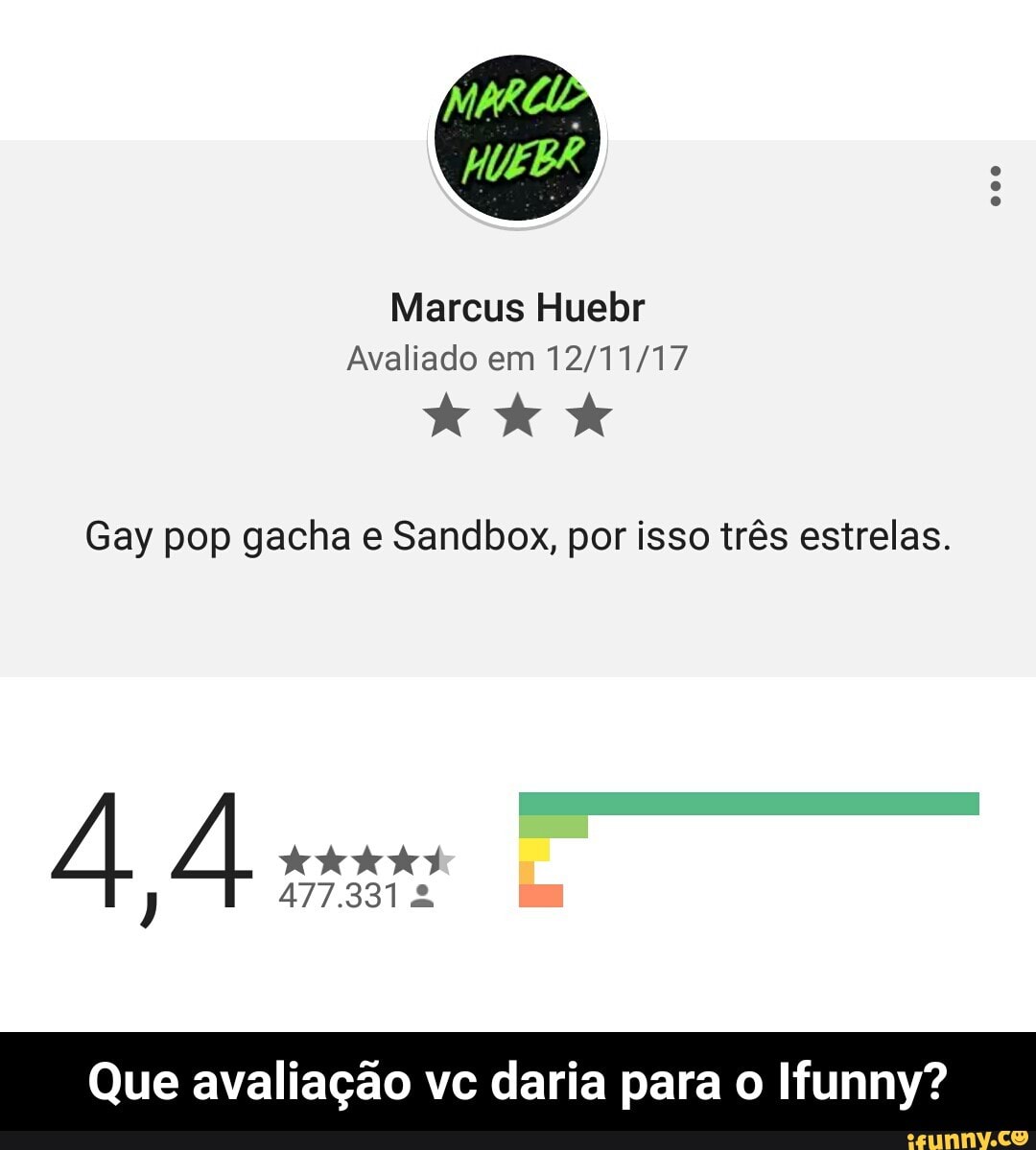 Gay pop gacha e Sandbox, por isso três estrelas.
Que avaliação vc daria para o Ifunny? - Que avaliação vc daria para o Ifunny?