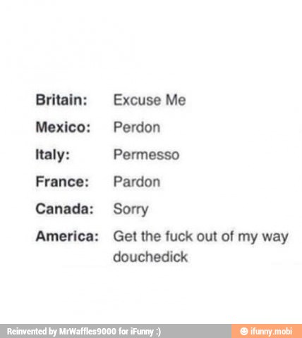 Britain:
I Excuse Me
Mexico: Perdon
Italy: Permesso
douchedick