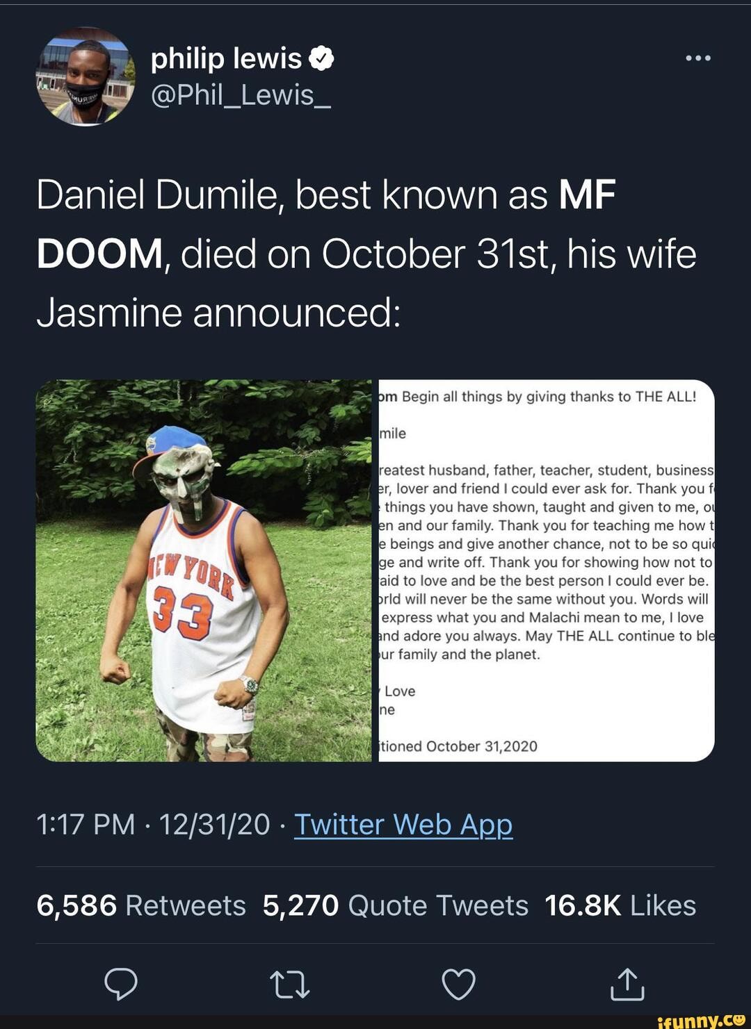 Philip lewis Phil_ Phil_ Daniel Dumile, best known as MF DOOM, died