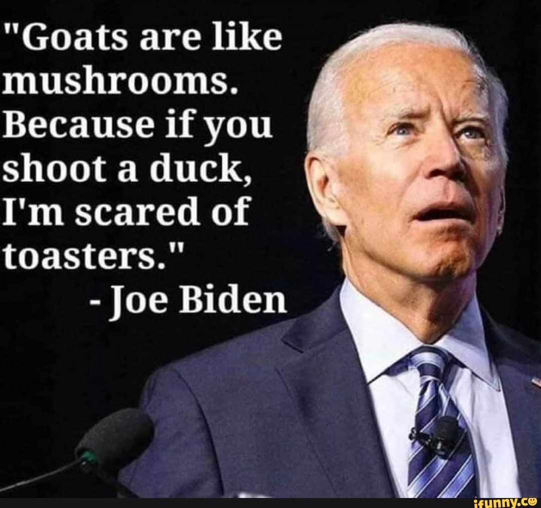 "Goats are like
mushrooms.
Because if you
shoot a duck,
I'm scared of
toasters."
Joe Biden