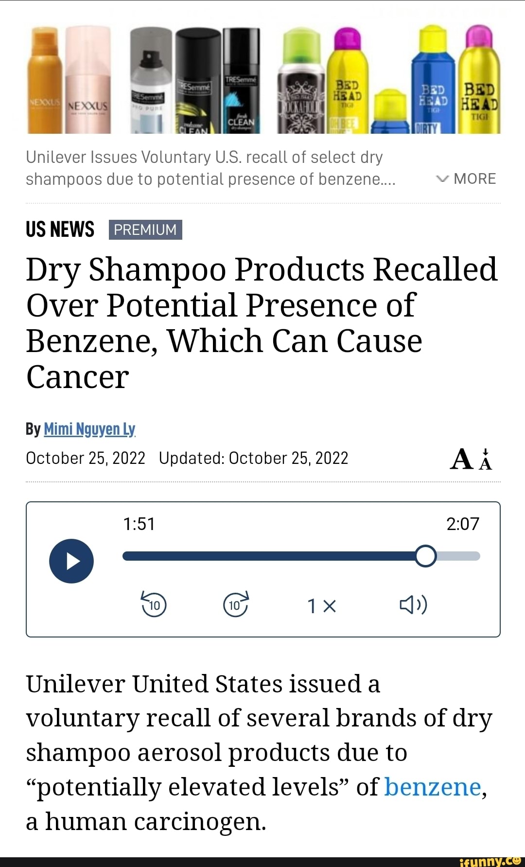 LI Unilever Issues Voluntary US. recall of select dry shampoos due to