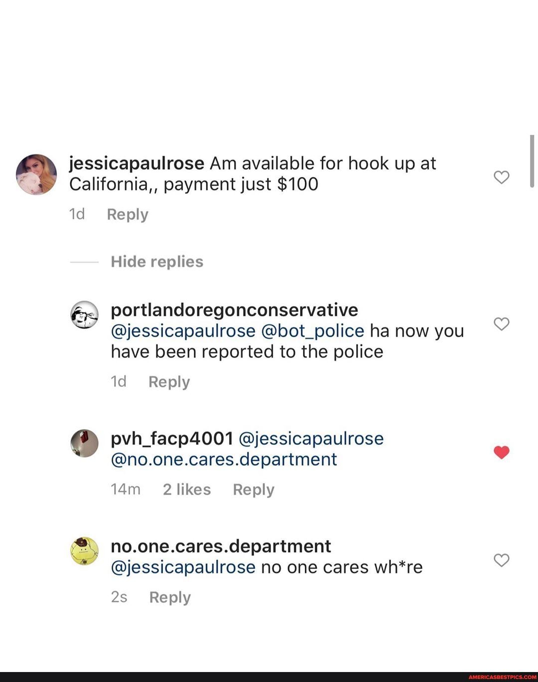 jessicapaulrose Am available for hook up at
California,, payment just $100
Reply
Hide replies
portlandoregonconservative
@jessicapaulrose @bot_police ha now you have been reported to the police
Reply
pvh_facp4001 @jessicapaulrose
@no.one.cares.department
Reply
no.one.cares.department
@jessicapaulrose no one cares wh*re
Reply