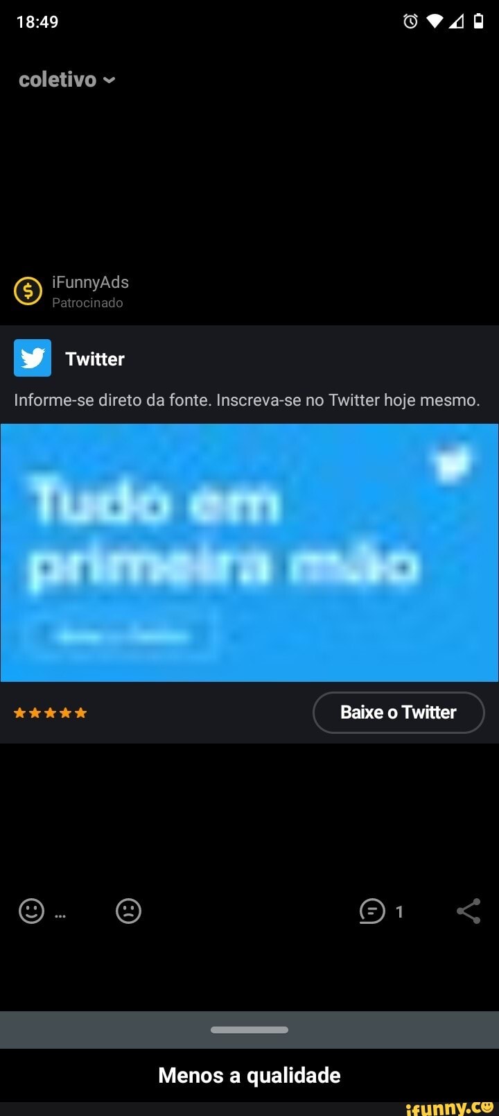 940
coletivo
iFunnyAds
Patrocinado nado
Twitter
Informe-se direto da fonte. Inscreva-se no Twitter hoje mesmo.
Baixe o Twitter
Menos a qualidade - Menos a qualidade