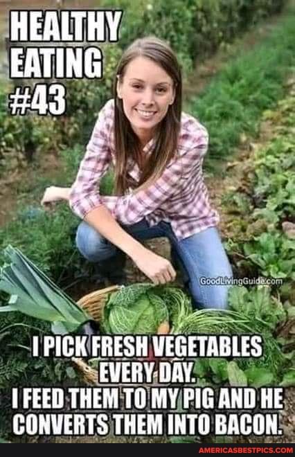 HEALTHY EATING
PICK FRESH VEGETABLES EVERY DAY.
FEED THEM TO MY PIG AND HE CONVERTS THEM INTO BACON,
