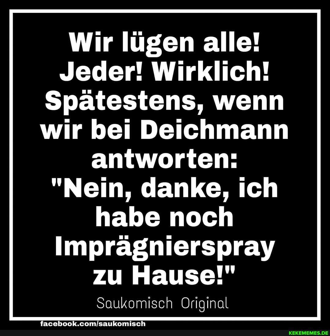 Wir lügen alle!
Jeder! Wirklich!
Spätestens, wenn wir bei Deichmann
antworten:
"Nein, danke, ich habe noch
Imprägnierspray zu Hause!"
Saukomisch Original