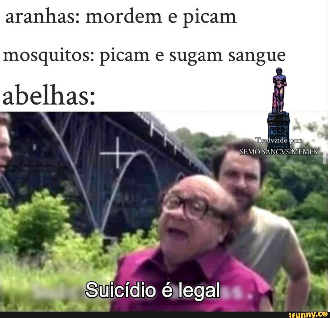 aranhas: mordem e picam
mosquitos: picam e sugam sangue abelhas:
Suicídio é legal