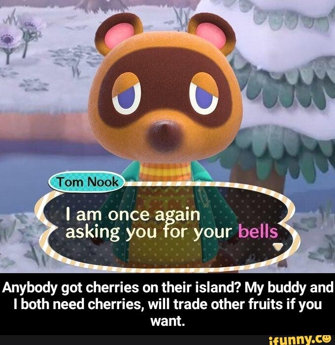 lam once again
asking you for your bell
v
Anybody got cherries on their island? My buddy and
I both need cherries, will trade other fruits if you
want. - Anybody got cherries on their island? My buddy and I both need cherries, will trade other fruits if you want.