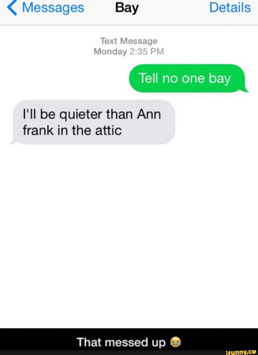 Messages Bay Details
Text Message
Monday PM
Tell no one bay
I'll be quieter than Ann frank in the attic
That messed up