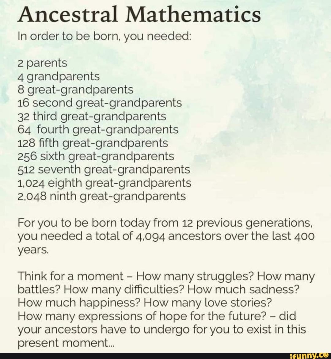 Ancestral Mathematics In Order To Be Born You Needed 2 Parents 4 Grandparents 8 Great Grandparents 16 Second Great Grandparents 32 Third Great Grandparents 64 Fourth Great Grandparents 128 Fifth Great Grandparents 256 Sixth Great Grandparents 512 Seventh