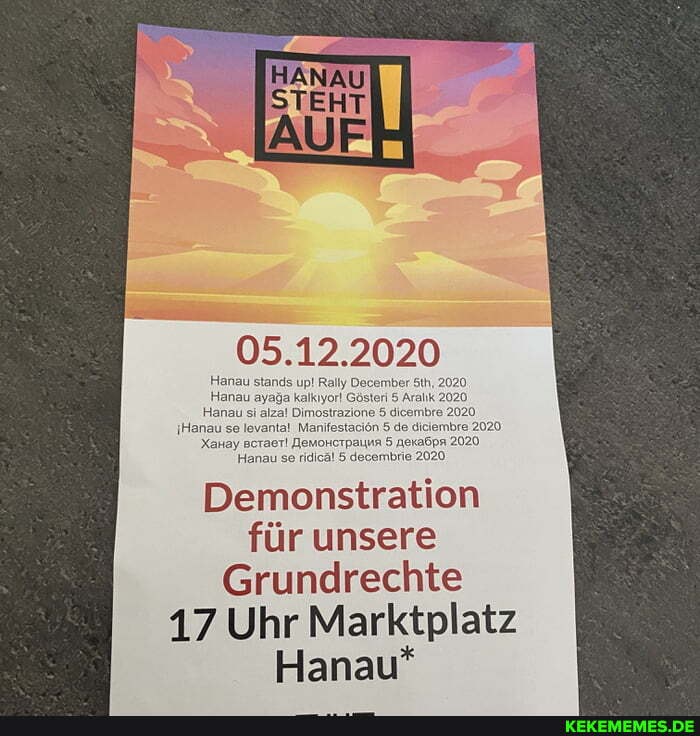 05.12.2020
Demonstration für unsere
Grundrechte
17 Uhr Marktplatz
Hanau*