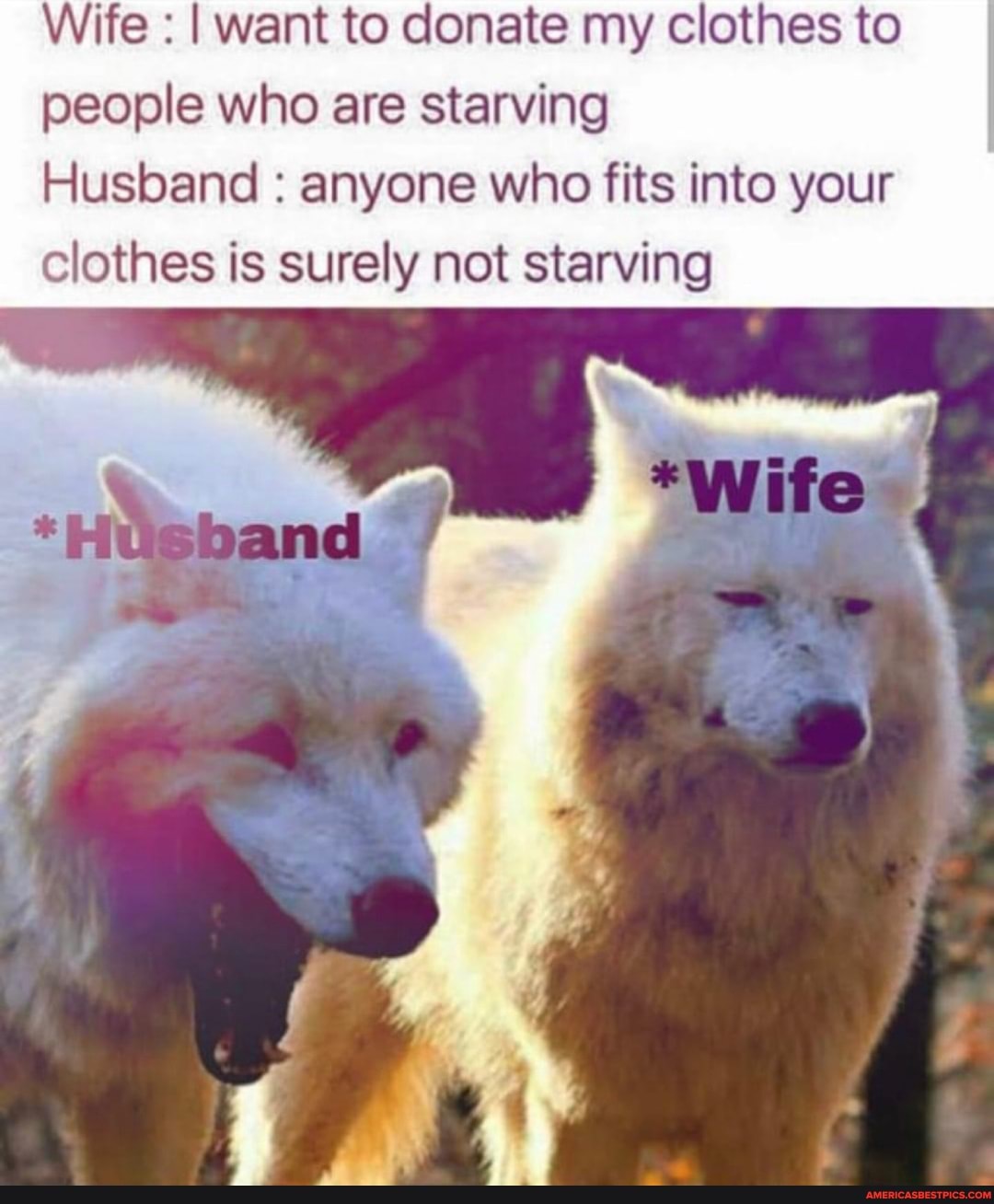 Wife : I want to donate my clothes to people who are starving
Husband : anyone who fits into your clothes is surely not starving
