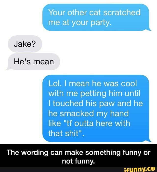 Your other cat scratched
me at your party.
Jake?
He's mean
Lol. I mean he was cool
with me petting him until
I touched his paw nd he
he smacked my hand
like "tf outta here with
The wording can make something funny or
not funny.