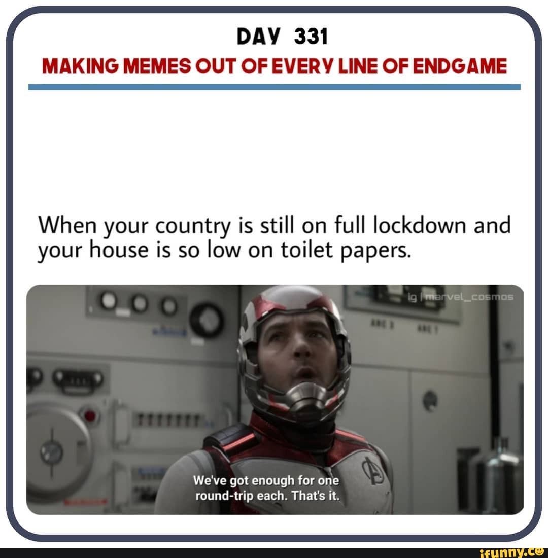 DAY 331
MAKING MEMES OUT OF EVERY LINE OF ENDGAME
When your country is still on full lockdown and your house is so low on toilet papers.
We've got enough for one round-trip each. That's it.