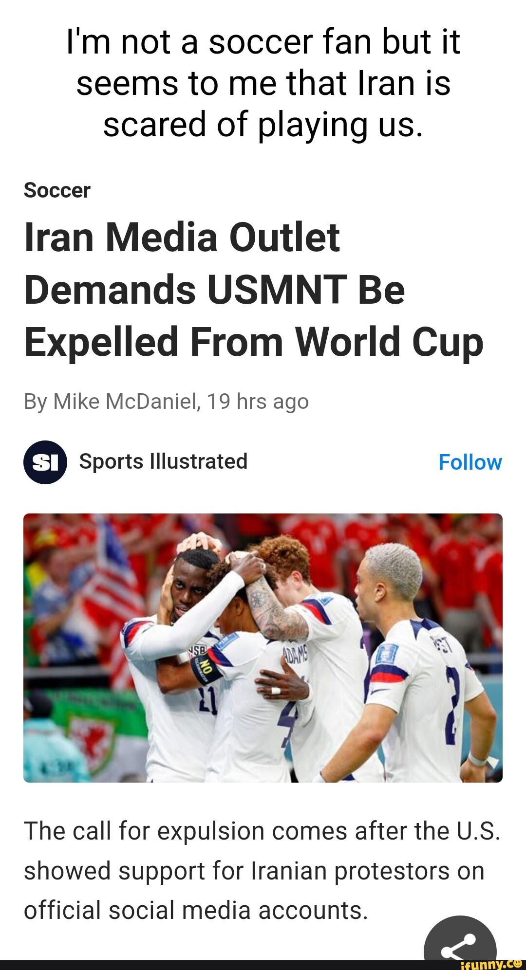 Iran is calling for the U.S. to be thrown out of the World Cup