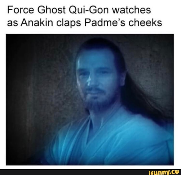 Force Ghost Qui-Gon watches as Anakin claps Padme's cheeks