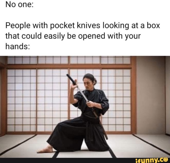 No one:
People with pocket knives looking at a box that could easily be opened with your hands:
al