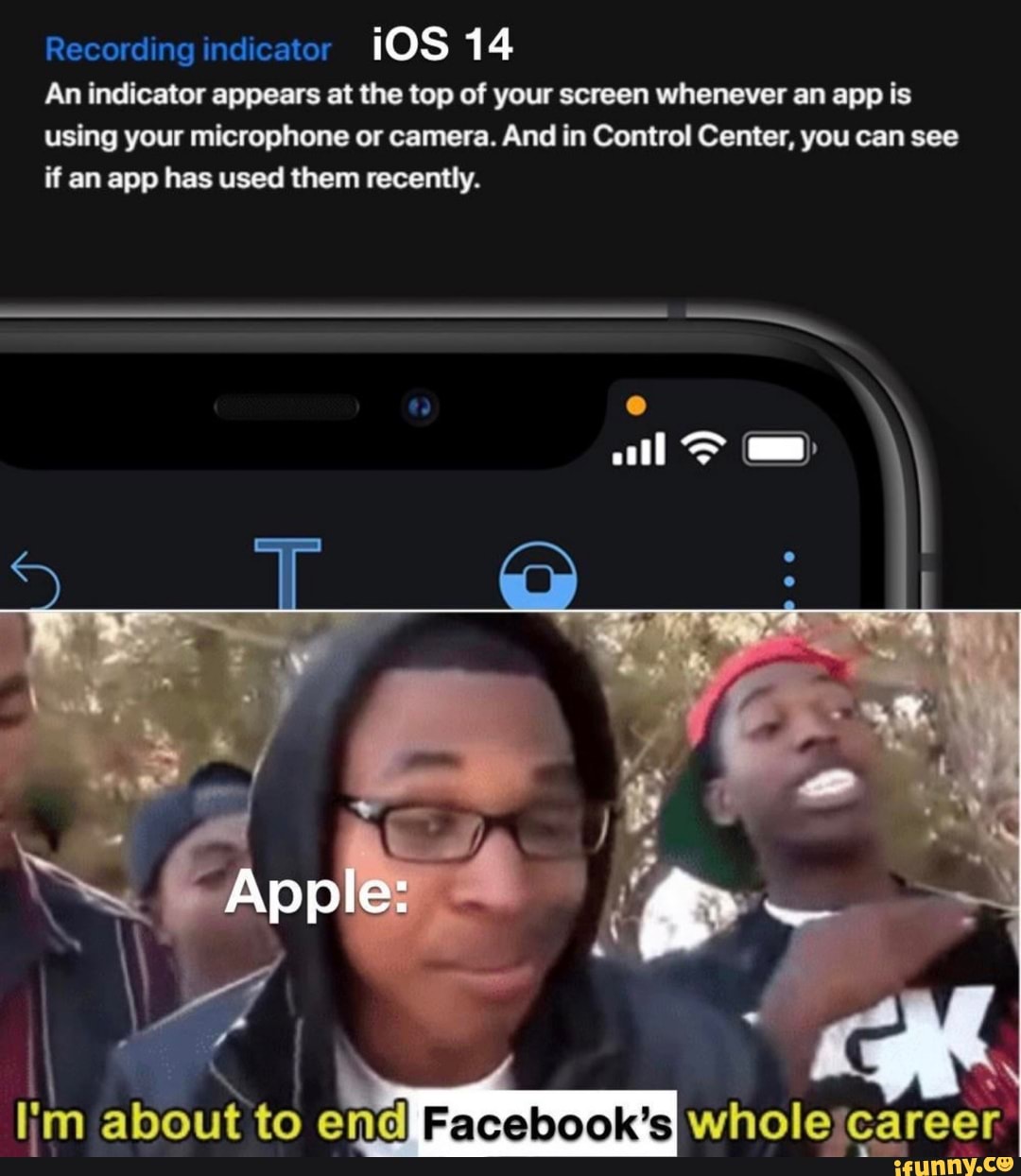 Recording indicator
iOS 14
An indicator appears at the top of your screen whenever an app is
using your microphone or camera. And in Control Center, you can see
if an app has used them recently.