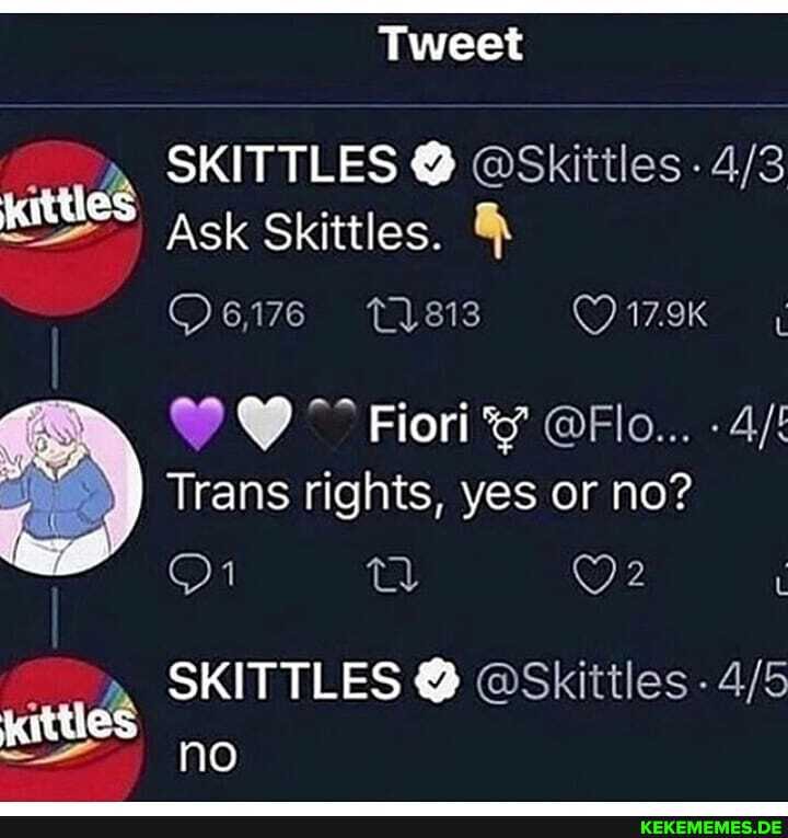 Tweet
SKITTLES @Skittles
Ask Skittles.
O6i76
VO Fiori @Flo...
Trans rights, yes or no?
SKITTLES @Skittles -
no