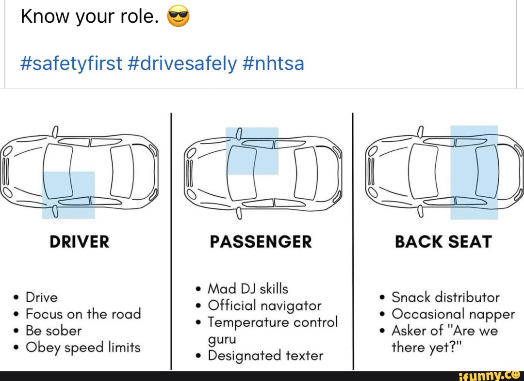 Know your role. safetyfirst drivesafely nhtsa DRIVER PASSENGER BACK