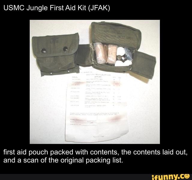 USMC Jungle First Aid Kit (JFAK) first aid pouch packed with contents, the contents laid out