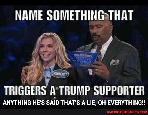 NAME
HAME THAT
TRIGGERS TRUMP SUPPORTER
ANYTHING HE'S SAID THAT'S A LIE, OH EVERYTHING!!