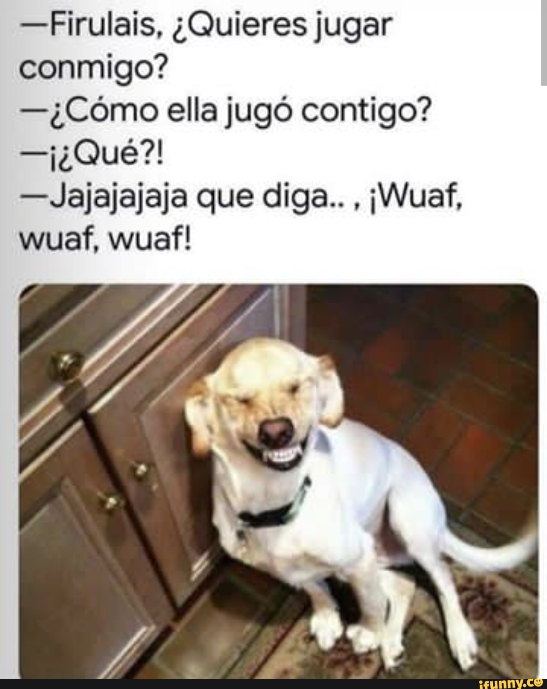 -Firulais, ¿Quieres jugar
conmigo?
-¿Cómo ella jugó contigo?
-Jajajajaja que diga..
wuaf, wuaf!