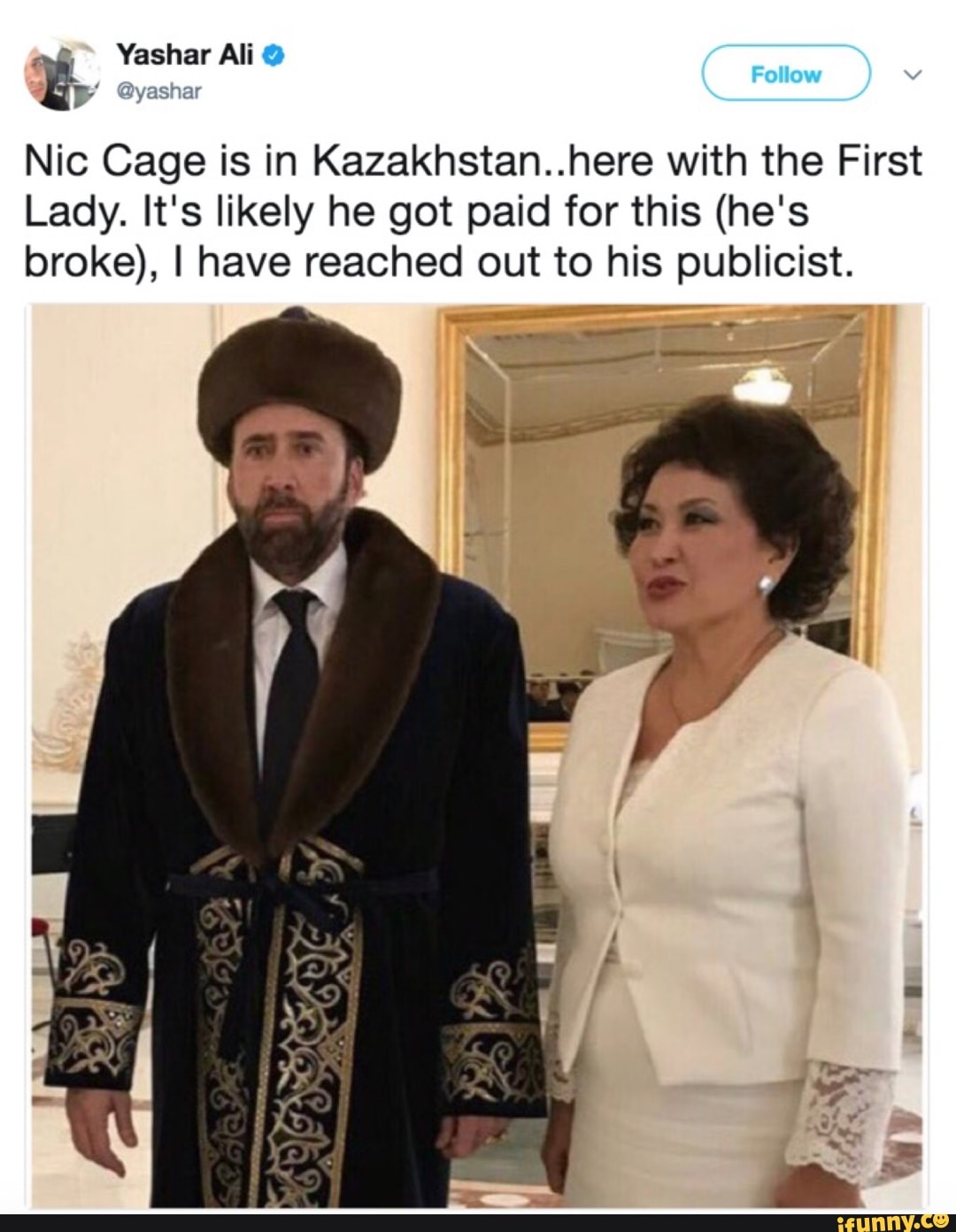 Yashar Ali @
ya ya
Follow
Nic Cage is in Kazakhstan..here with the First
Lady. It's likely he got paid for this (he's broke), I have reached out to his publicist.
SEGA
