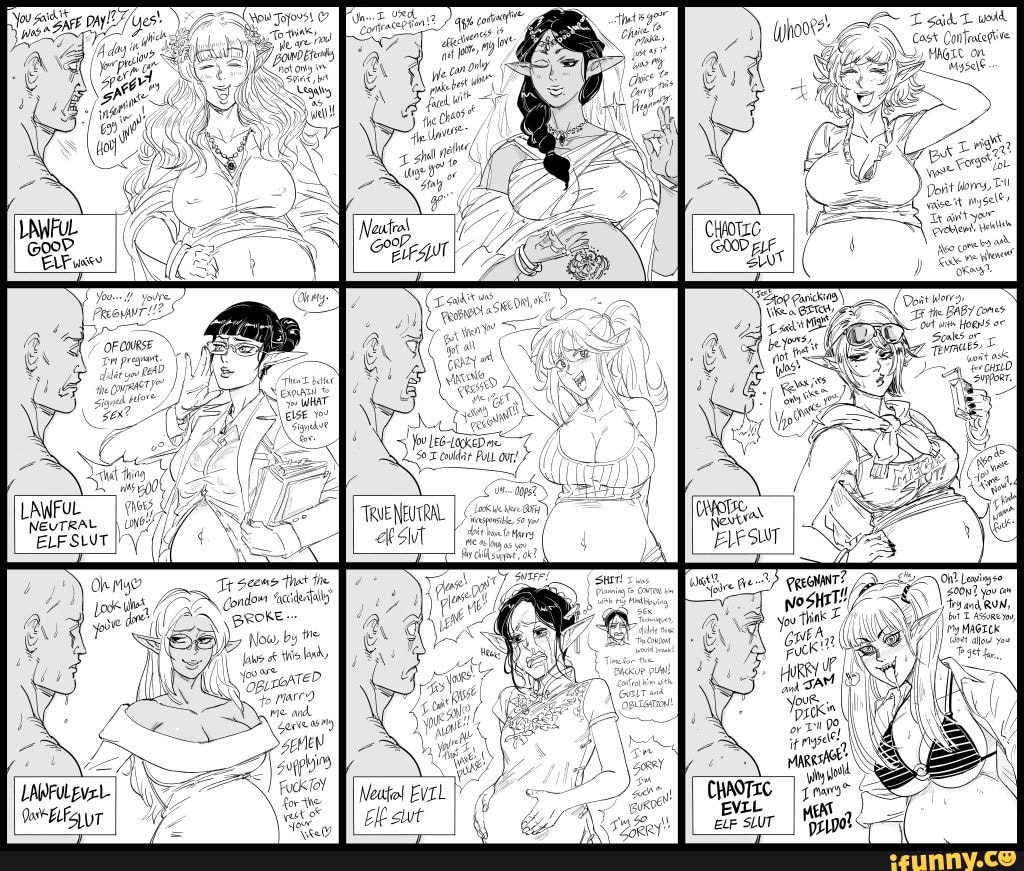 LAWFUL
NEUTRAL,
ELF SUT I>\
Oh My?
UT
Condom ciel
Tr Seeme Thst the
BROKE-
=x Doit Worr, the BABY cones
Ov on HORNS
TRVENEUTRAL ek owt
Newto! EvrL I
Elf vt
you Think
CHAOTIC LL ELF SLUT