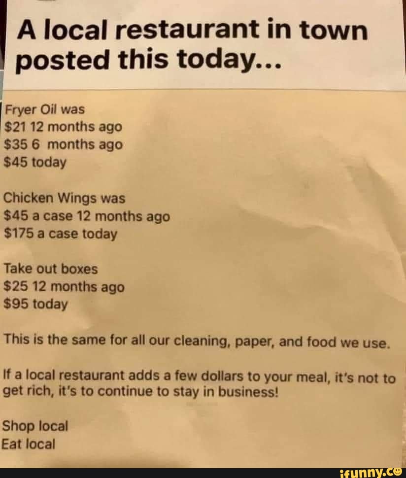 A local restaurant in town posted this today... Fryer Oil was $21 12