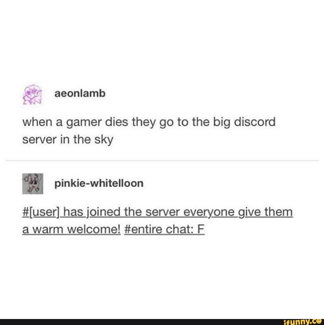 when a gamer dies they go to the big discord
server in the sky
a warm welcome! ttentire chat: F