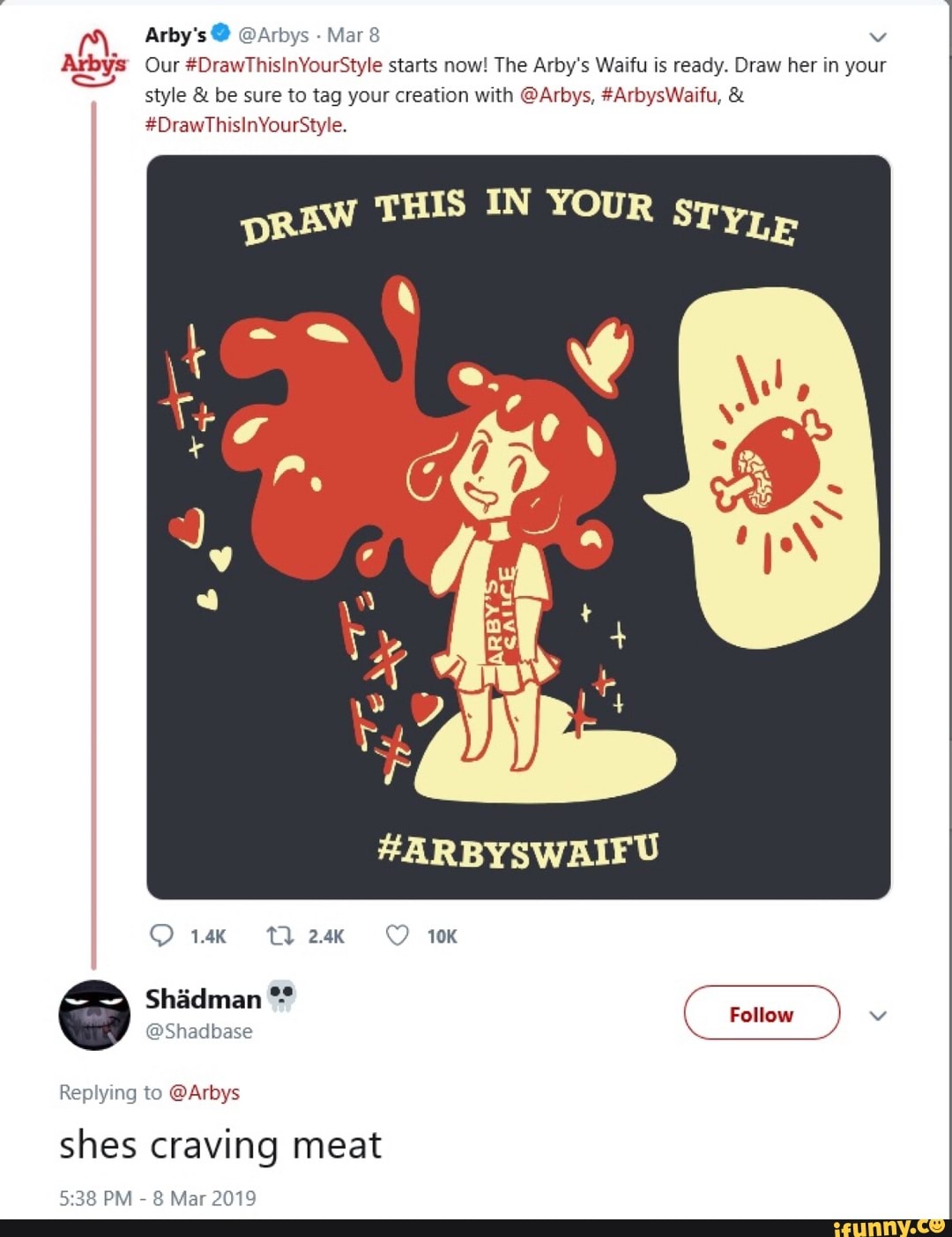 Mar 8 Y Arbys Our DrawThisinYourStyle starts now! The Arby's Waifu is