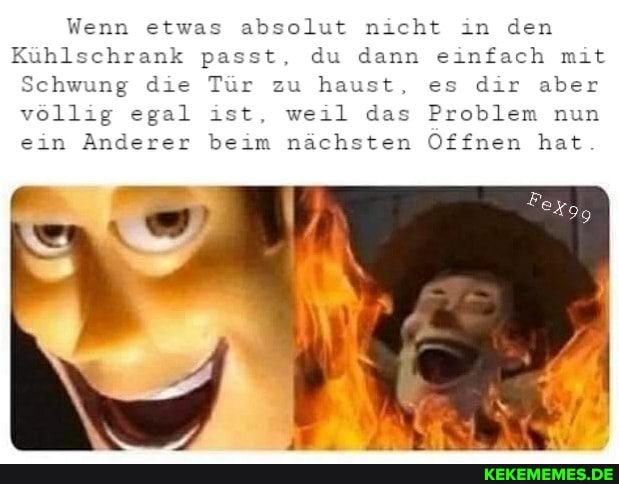 Wenn etwas absolut nicht in den
Kühlschrank passt, du dann einfach mit
Schwung die Tür zu haust, es dir aber völlig egal ist, weil das Problem nun ein Anderer beim nächsten Öffnen hat