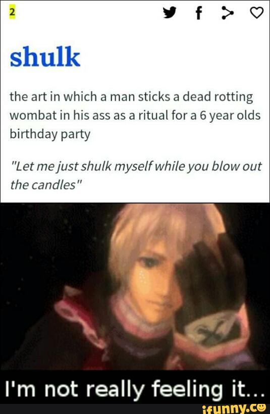 shulk
the art in Which a man sticks a dead rotting
wombat in his ass as a ritual for a 6 year olds
birthday party
“Let majus! shulk myselfwhí/e you blow out
the candles ”
I'm not really feeling it
..