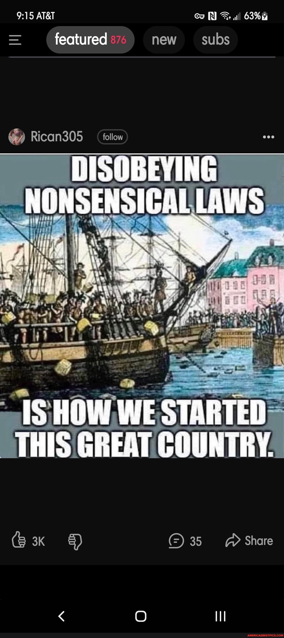 = featured new subs
Rican305 (follow
DISOBEYING ONSENSICALLAWS
HOW, WE STARTED THIS' GREAT COUNTRY.
(8 35 Share