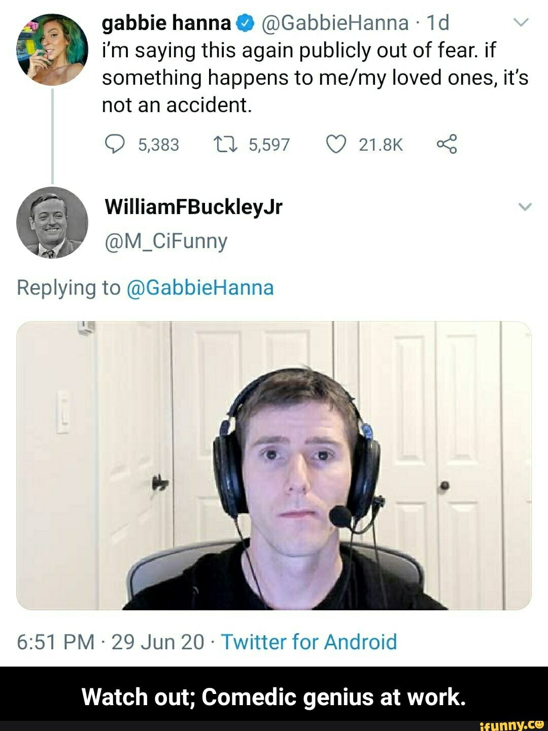 i'm saying this again publicly out of fear. if
something happens to me/my loved ones, it's
not an accident.
Twitter for Android
Watch out; Comedic genius at work. - Watch out; Comedic genius at work.