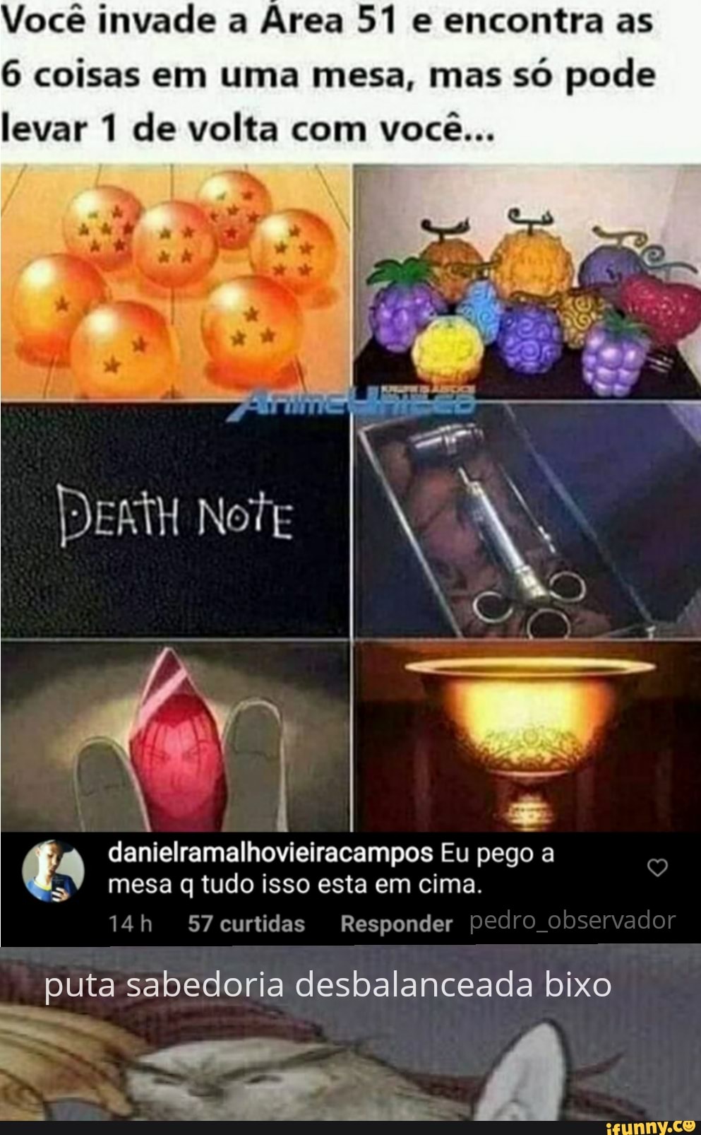 Você invade a Área 51 e encontra as coisas em uma mesa, mas só pode
Note
Iramalhovie
57 curtidas
daniel eiracampos Eu pego a mesa tudo isso esta em cima.
evar 1 de volta com você...
S7curtidas Responder pedro observador
puta sabedoria desbalanceada bixo