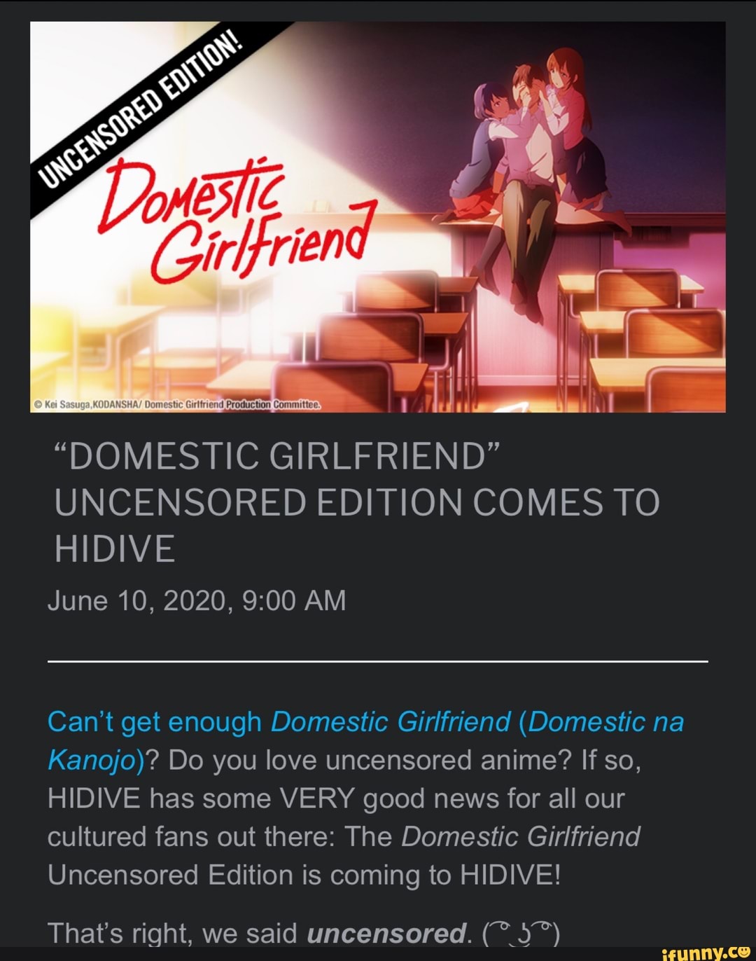 Domestic Girlfriend to Stream Uncensored Season on HIDIVE