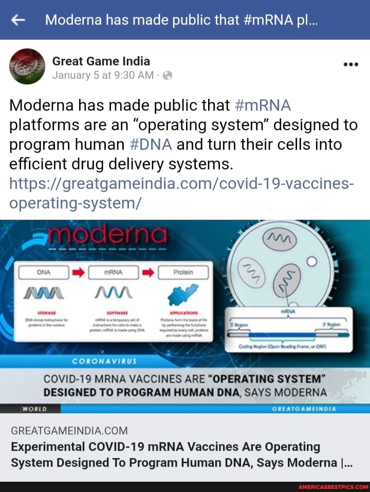 Moderna has made public that #mRNA pl...
Great Game India
January 5 at AM
Moderna has made public that #mRNA platforms are an "operating system" designed to
19-vaccines- program human #DNA and turn their cells into efficient drug delivery systems.
operating-system/
_ona ( mRNA)
POM. INA
COVID-19 MRNA VACCINES ARE "OPERATING SYSTEM"
DESIGNED TO PROGRAM HUMAN DNA, SAYS MODERNA
WORLD GREATGAMEINDIA
GREATGAMEINDIA COM
Experimental COVID-19 mRNA Vaccines Are Operating
System Designed To Program Human DNA, Says Moderna I...