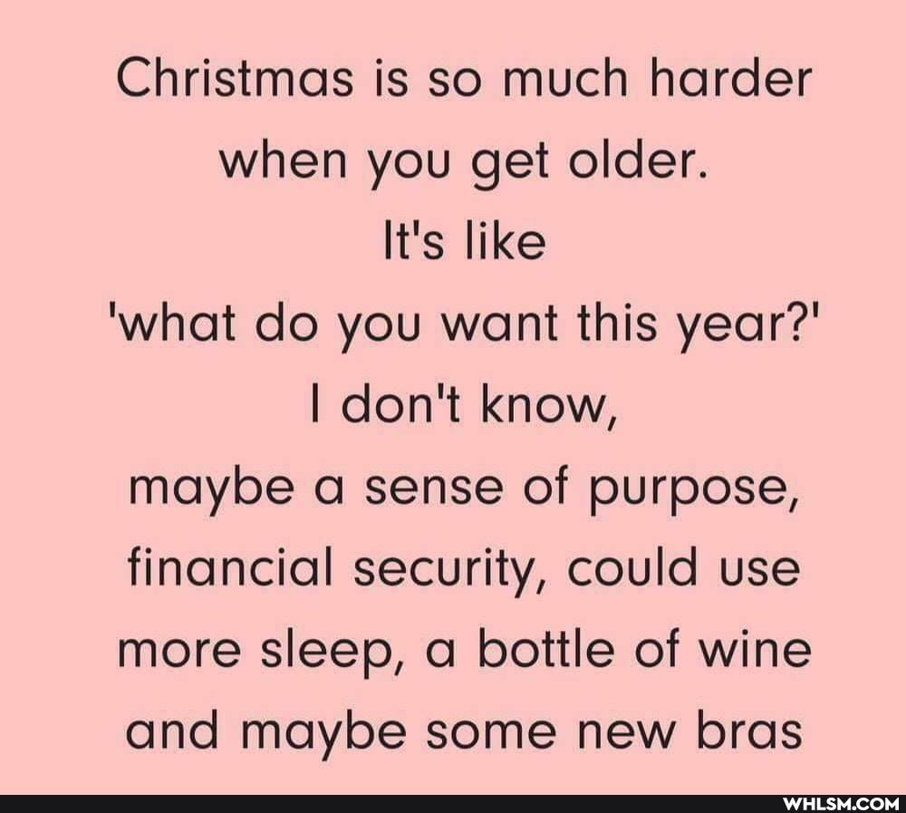 Christmas is so much harder when you get older.
It's like
'what do you want this year?'
I don't know, maybe a sense of purpose, financial security, could use more sleep, a bottle of wine and maybe some new bras
