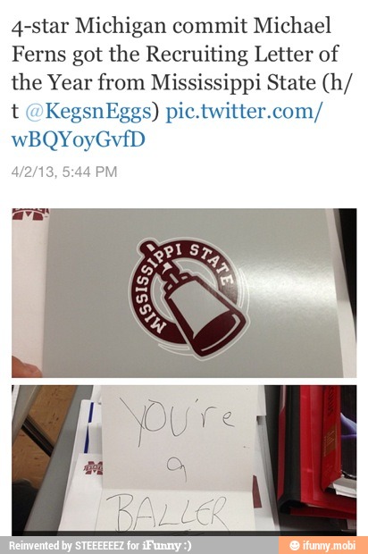 4-star Michigan commit Michael
Ferns got the Recruiting Letter of
the Year from Mississippi State (h/
t @KegsnEggs) pic.twitter.com/