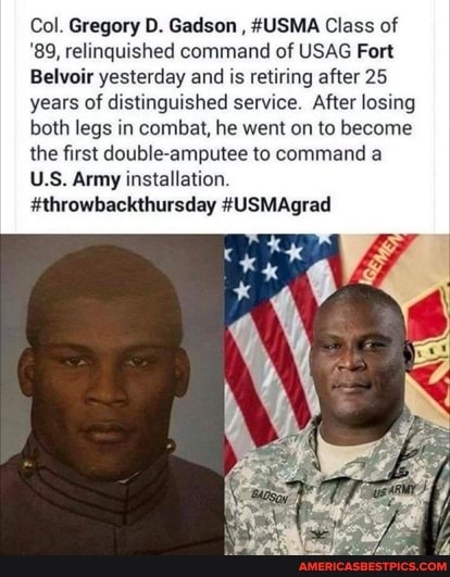 Col. Gregory D. Gadson , #USMA Class of
'89, relinquished command of USAG Fort
Belvoir yesterday and is retiring after 25 years of distinguished service. After losing both legs in combat, he went on to become the first double amputee to command a
US, Army installation.
#throwbackthursday #USMAgrad
