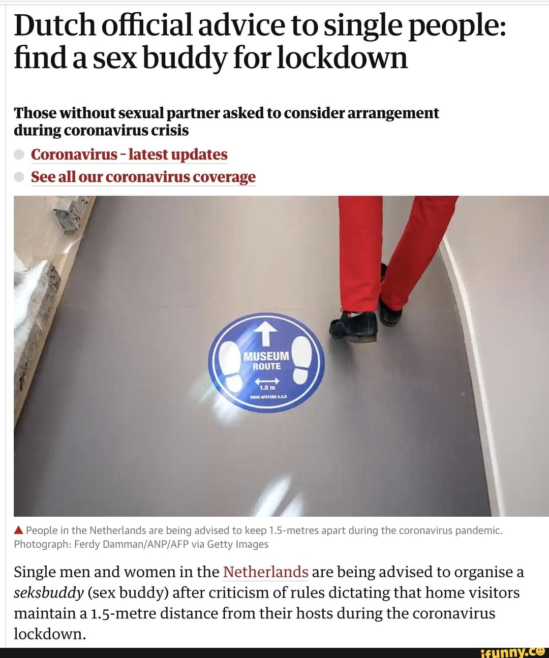 Dutch official advice to single people: find a sex buddy for lockdown Those  without sexual partner