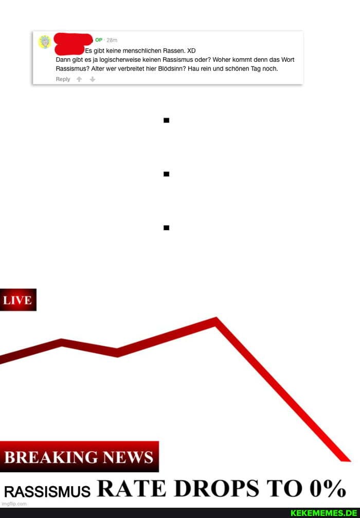 JEs gibt keine menschlichen Rassen. XD.
Dann gibt es ja logischerweise keinen Rassismus oder? Woher kommt denn das Wort
Rassismus? Alter wer verbreitet hier Blödsinn? Hau reln und schönen Tag noch,
LIVE
BREAKING NEW
Rassismus RATE DROPS TO 0%