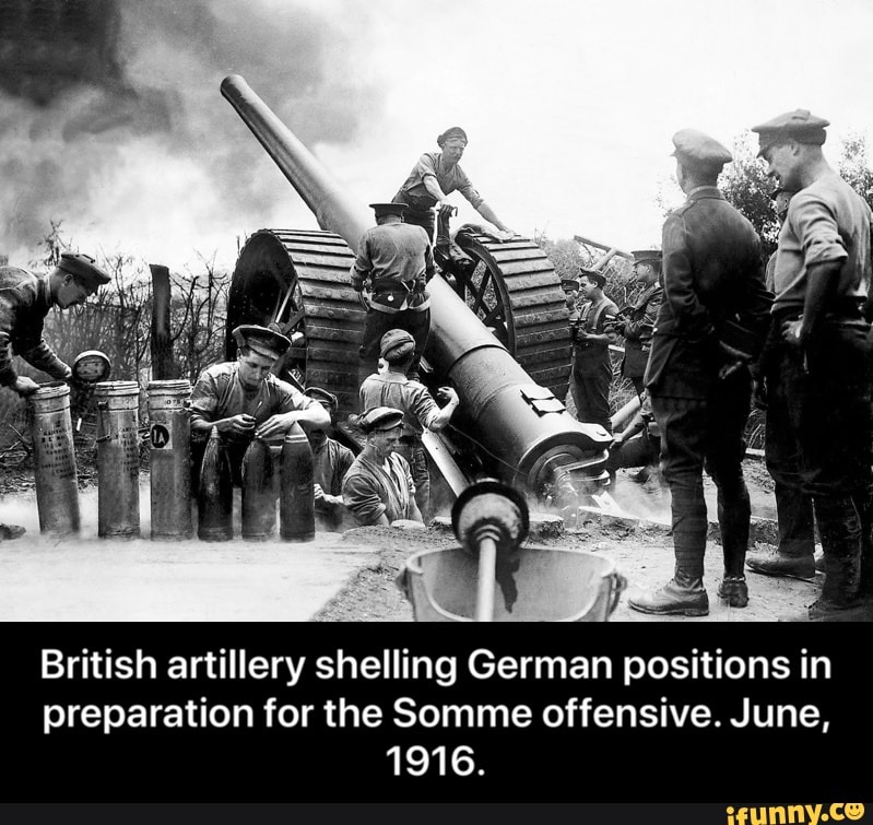 British artillery shelling German positions in preparation for the Somme offensive. June,
1916. - British artillery shelling German positions in preparation for the Somme offensive. June, 1916.