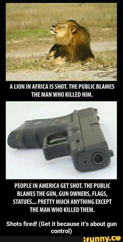 A [ION IN AFRICA IS SHOTJIIE PUBLIC BLAMES
THE MAN WMO KILLED IIIM.
PEOPLE IN AMERKA GET SHOT. THE PUBLIC
BLAMESTHE GUN, GUN OWNERS, HAGS,
STATUES... PRETTY MUCH ANY'ÍHING EX“?!
THE MAN WHO KILLED THEM.
Shots fired! (Get it because it's about gun
control) - Shots fired! (Get it because it's about gun control)